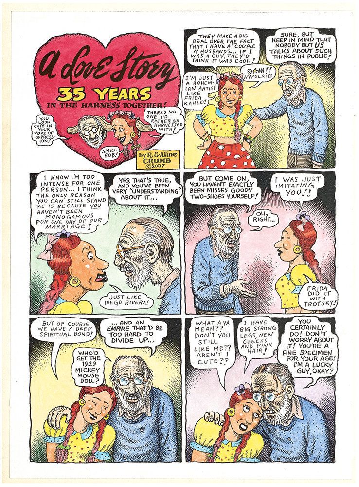 Aline Kominsky-Crumb and R. Crumb, "A Love Story: 35 Years in the Harness Together!," page 1, 2007, colored copies, 2 pages