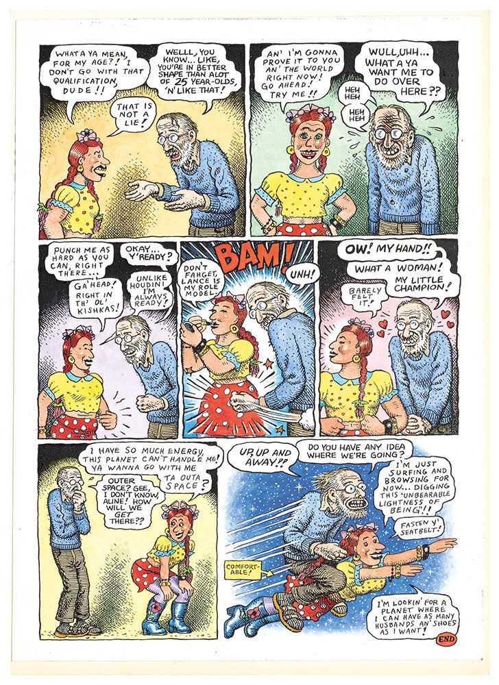 Aline Kominsky-Crumb and R. Crumb, "A Love Story: 35 Years in the Harness Together!," page 2, 2007, colored copies, 2 pages