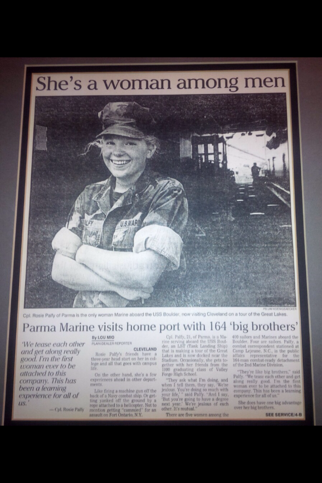 <p>Rosie Palfy served in the Marine Corps as a combat correspondent, the “single sister in the band of brothers,” according to an article in the (Cleveland) Plain-Dealer from 1993.</p>