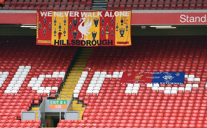 Flags in the stands at the memorial service marking the 25th anniversary of the Hillsborough Disaster