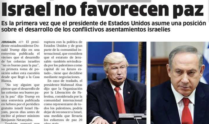 A screenshot from the digital version of El Nacional newspaper's Friday, Feb. 10, 2017 edition, showing a photo of Alec Baldwin as Donald Trump alongside a photo of Israeli Prime Minister Benjamin Netanyahu.