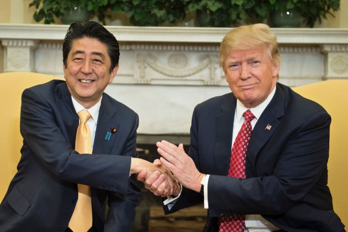 The 19-second handshake between Japanese PM Abe and current U.S. President Trump