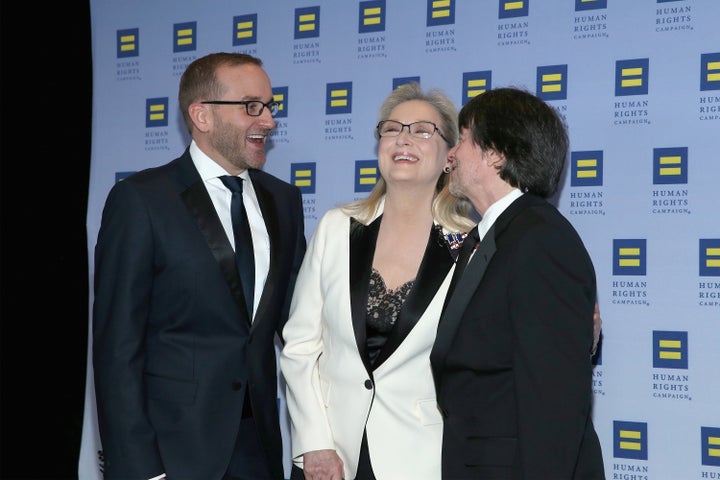 From left, HRC President Chad Griffin, honoree Meryl Streep and filmmaker Ken Burns attend the 2017 Human Rights Campaign Gal