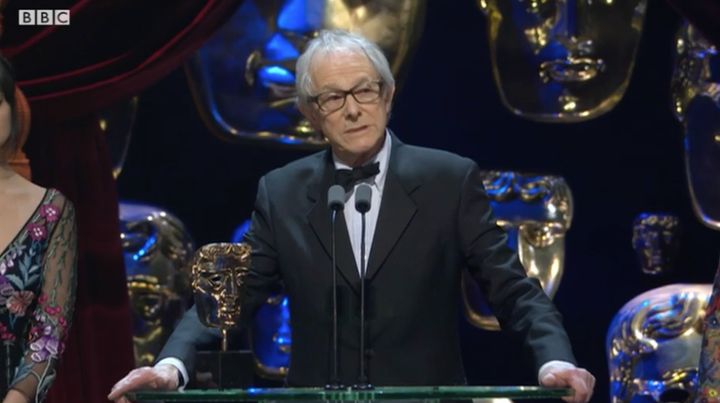Ken Loach collecting his award for Outstanding British Film at the BAFTAs.