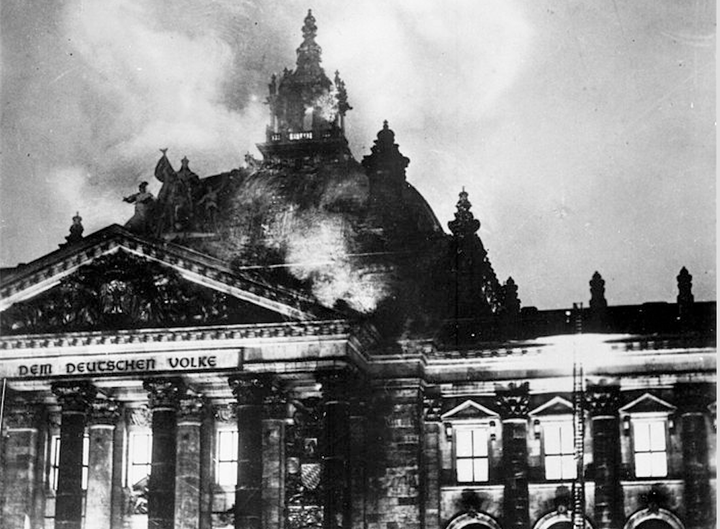 <p>Berlin’s Reichstag arson fire of February 27, 1933, by means of which Hitler came to power.</p>