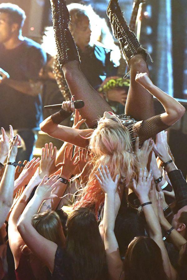 Lady Gaga crowd-surfs during The 59th GRAMMY Awards at STAPLES Center on Fe...