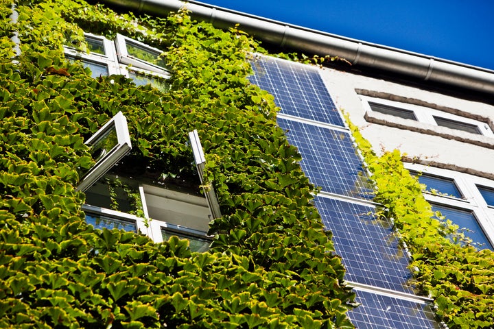 Energy-efficient building in Copenhagen sporting a green wall and photovoltaic panels.