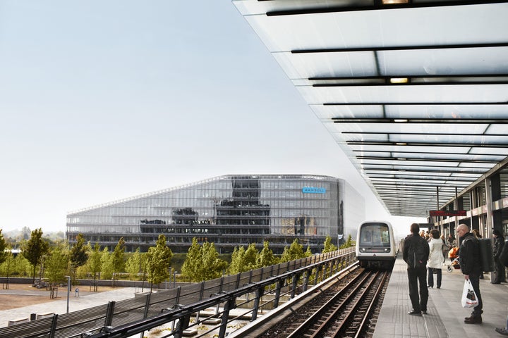 Rambøll’s headquarters in Copenhagen’s new Ørestaden neighborhood, seen from the Ørestad metro station 