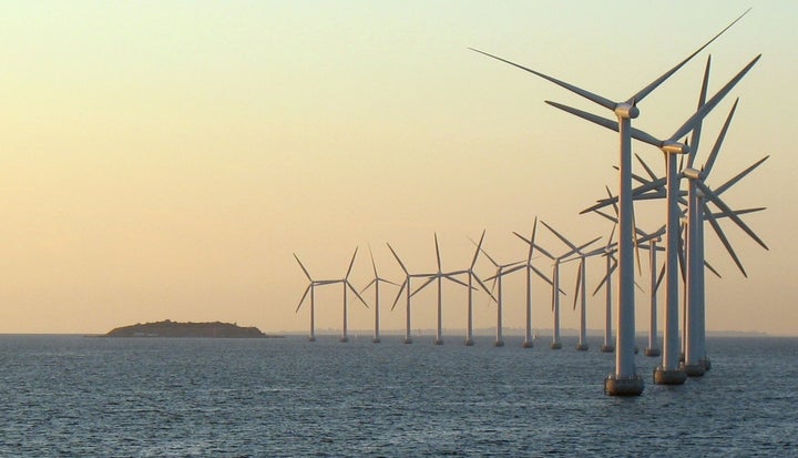 Offshore wind turbines just outside Copenhagen provide the city with green power 