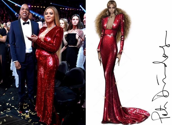 Beyonce in custom Cavalli with a sketch from Peter Dundas