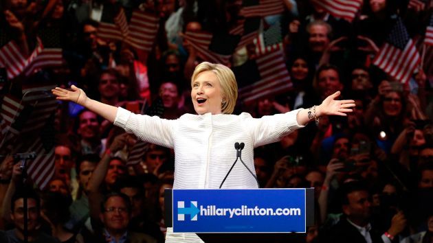  Democratic presidential candidate Hillary Clinton reacts as she takes the stage at a rally, Monday, June 6, 2016, in California. 