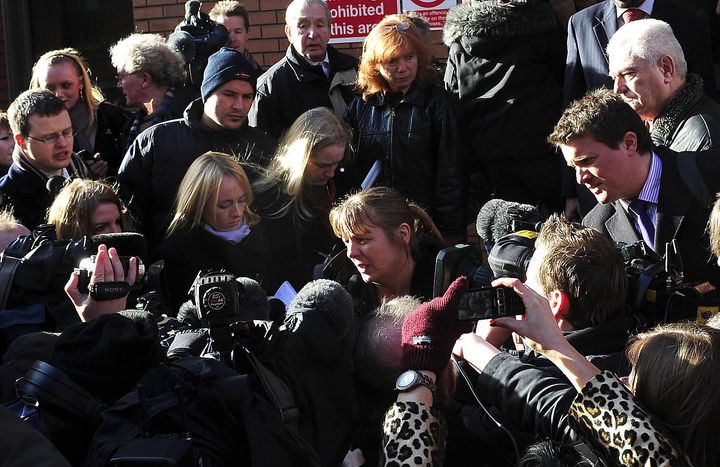Julie Bushby (centre) talks to the media outside Leeds Crown Court following Matthews' sentencing in 2009
