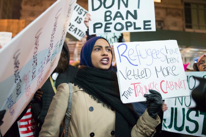 People in New York City protest President Trump's immigration ban on Feb. 11.