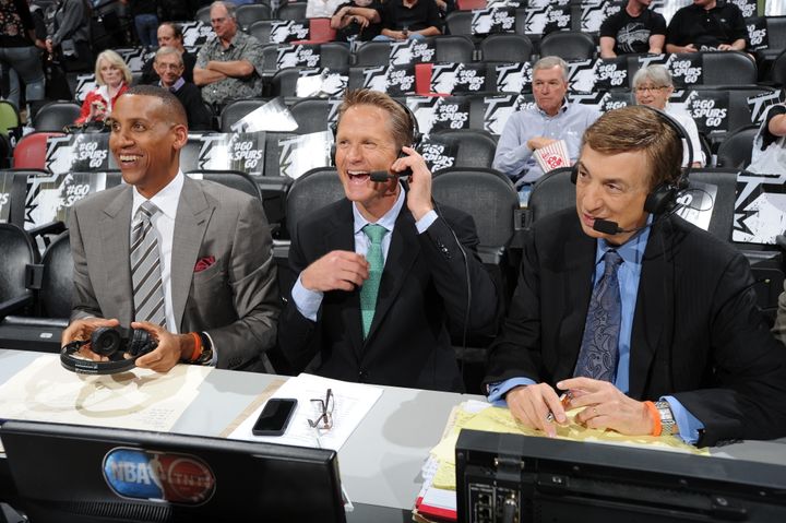 Marv Albert (far right) jokes with fellow TNT commentators Steve Kerr and Reggie Miller during the 2014 NBA Playoffs. 