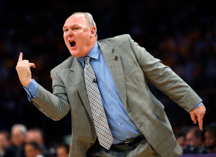 George Karl, head coach of the Denver Nuggets in 2009, yells from the bench in the fourth quarter of a playoff game against the Los Angeles Lakers. Marv Albert says that even in the early days, Karl "just wanted to talk."