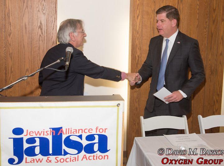 JALSA Incoming President Larry Bailis welcomes Boston Mayor Maty Walsh.