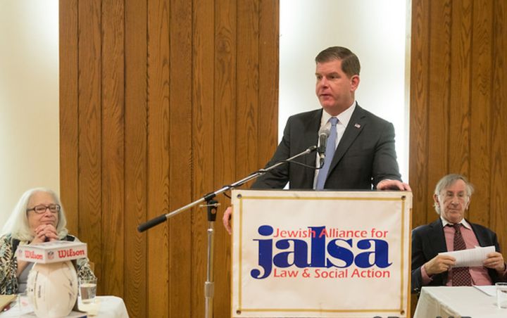 JALSA Executive Director Sheila Decter and Incoming President Larry Bailis listen to Boston Mayor Marty Walsh.