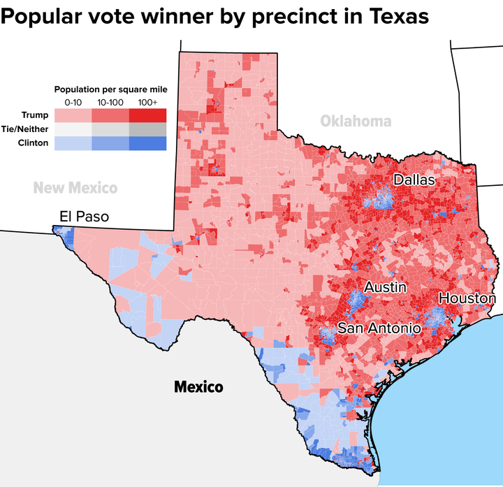 Texas voted for Trump, but its border precincts voted overwhelmingly for Clinton.<br>Source: Texas Legislative Council.