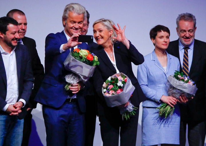 Le Pen and Wilders take a selfie during a meeting with other European far-right leaders to discuss the European Union. Jan. 21, Koblenz, Germany.