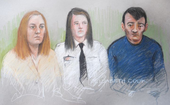 Court artist impression of Karen Matthews, 33, (left) and Michael Donovan, 40, (right) during the first day of their trial at Leeds Crown Court in 2008