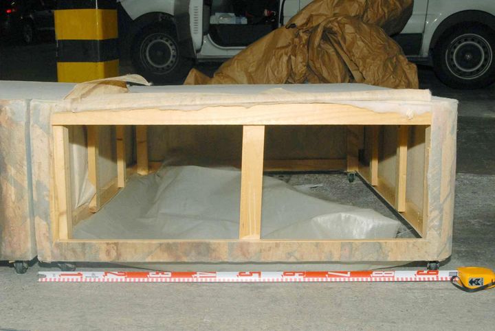 The base of a divan bed shown as evidence by the prosecution in the kidnap and false imprisonment trial of Shannon Matthews at Leeds Crown Court