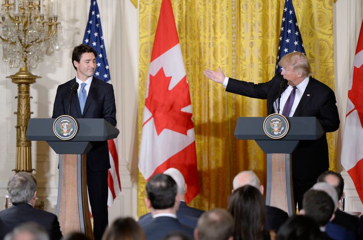 Trump and Trudeau in a joint news conference.