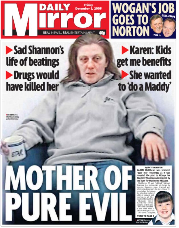 The Daily Mirror front page after the guilty verdict against Karen Matthews in 2009