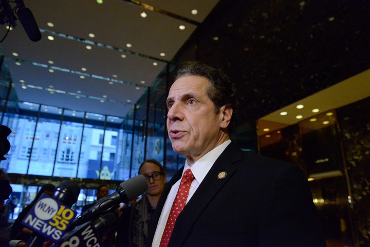 New York Gov. Andrew Cuomo speaks to reporters at Trump Tower in New York City on Jan. 18.