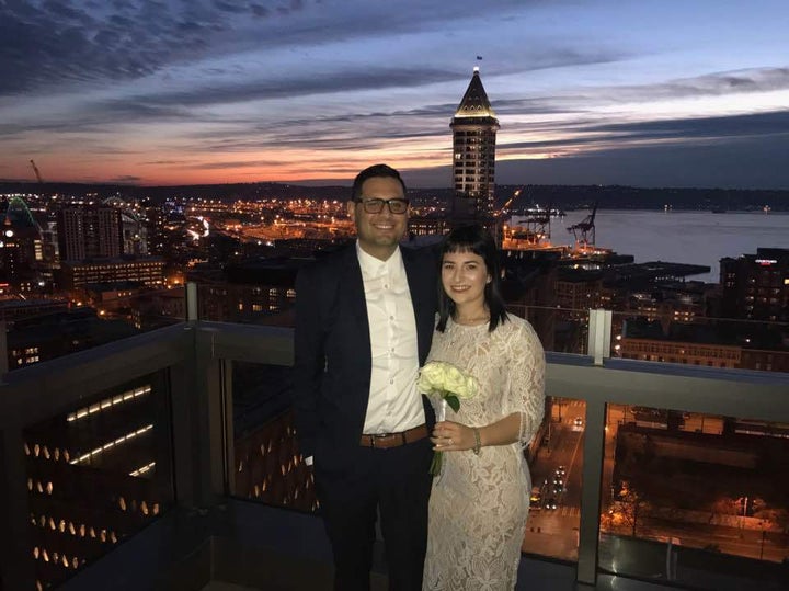 <p>The wedding ceremony was officiated by judge on the rooftop of the Seattle Municipal Courthouse.</p>