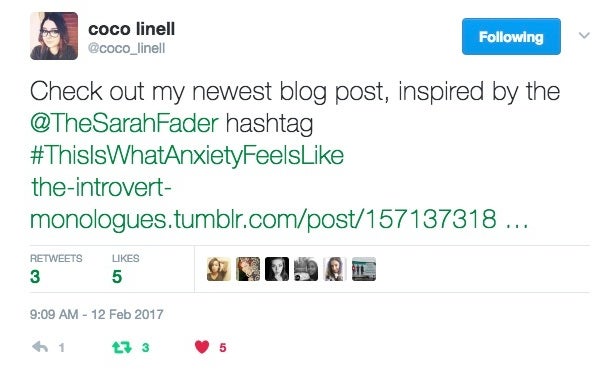 <p><a href="https://twitter.com/coco_linell/status/830795977602772992" target="_blank" role="link" rel="nofollow" class=" js-entry-link cet-external-link" data-vars-item-name="Coco blogs about anxiety" data-vars-item-type="text" data-vars-unit-name="58a2280de4b0cd37efcfebf6" data-vars-unit-type="buzz_body" data-vars-target-content-id="https://twitter.com/coco_linell/status/830795977602772992" data-vars-target-content-type="url" data-vars-type="web_external_link" data-vars-subunit-name="article_body" data-vars-subunit-type="component" data-vars-position-in-subunit="12">Coco blogs about anxiety</a></p>