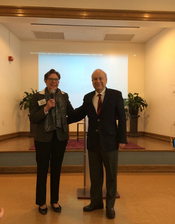 Ambassador Anne Derse warmly introduces Ambassador Akbar Ahmed to a standing-room-only audience at St. John’s Norwood Episcopal Church on January 29.