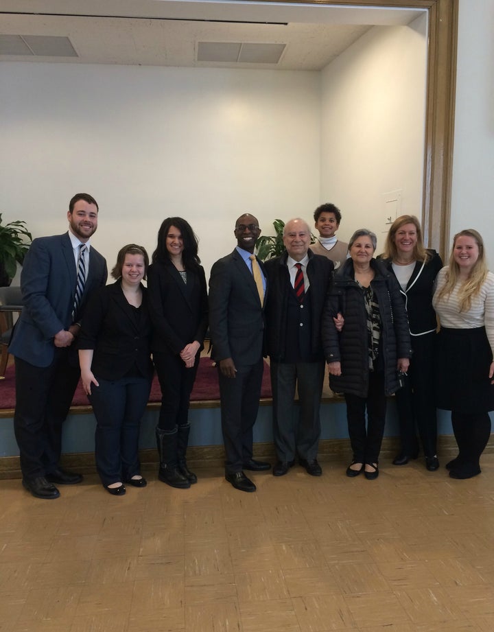 <p>Ambassador Akbar Ahmed and team, including author Patrick Burnett (far left) gather with their hosts at St. John’s Norwood Episcopal Church, including event coordinators Joe and Betsy Samuels, following Ahmed’s January 29 lecture to the congregation.</p>