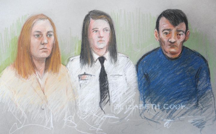 Court artist Elizabeth Cook's impression of Karen Matthews, 33, (left) and Michael Donovan, 40, (right) during the first day of their trial at Leeds Crown Court 