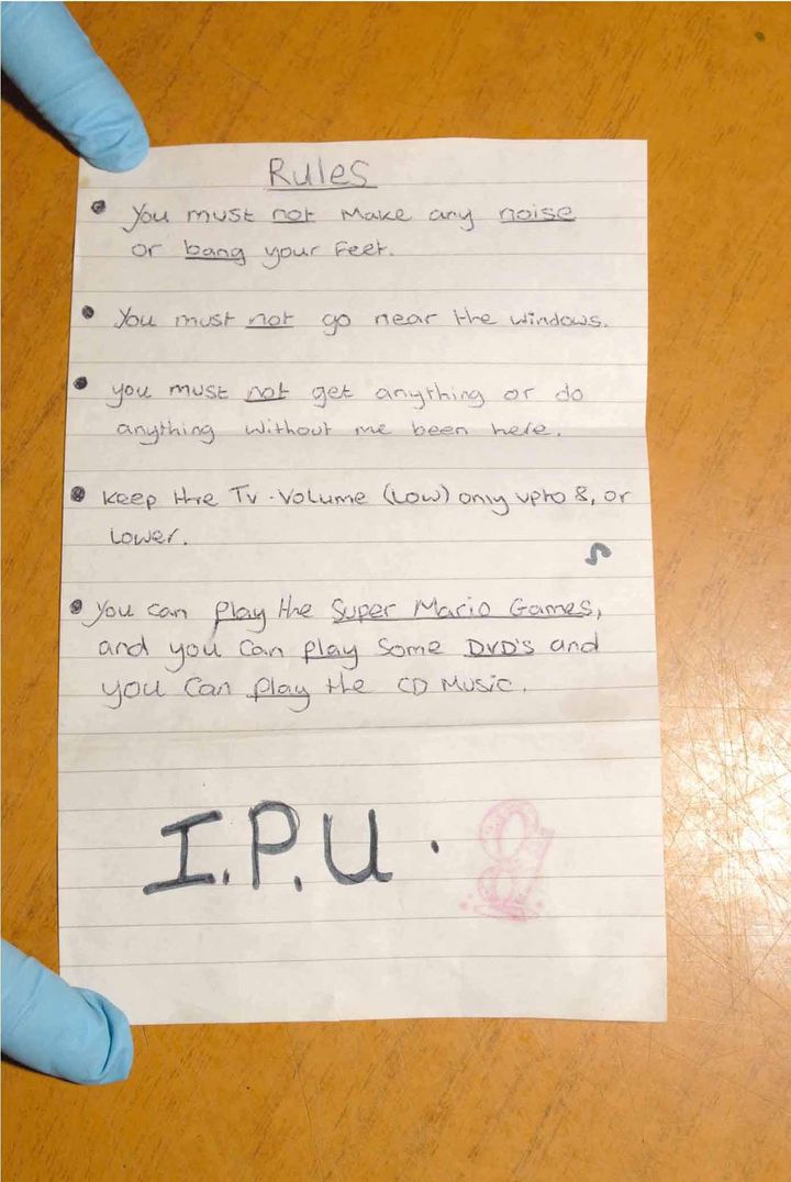 A list of rules found in the flat of Michael Donovan shown as evidence by the prosecution in the kidnap and false imprisonment trial of Shannon Matthews