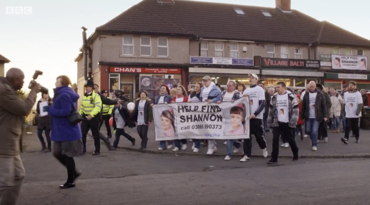 A scene from BBC drama 'The Moorside' which chronicles the search for Shannon Matthews and the behaviour of her mother Karen Matthews