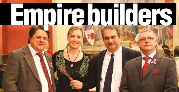 Former British National Party leader Nick Griffin, left, pictured at the Reform Church in Budapest along with Jim Dowson, far right