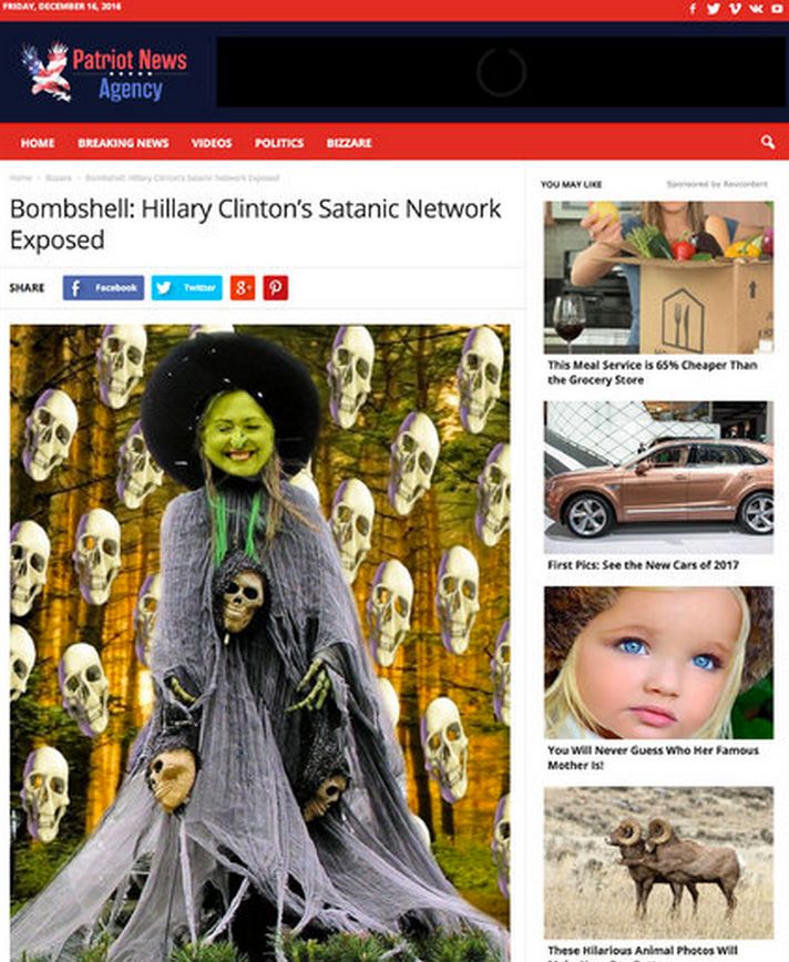A picture from one of Dowson's websites claiming Hillary Clinton is linked to a satanic network