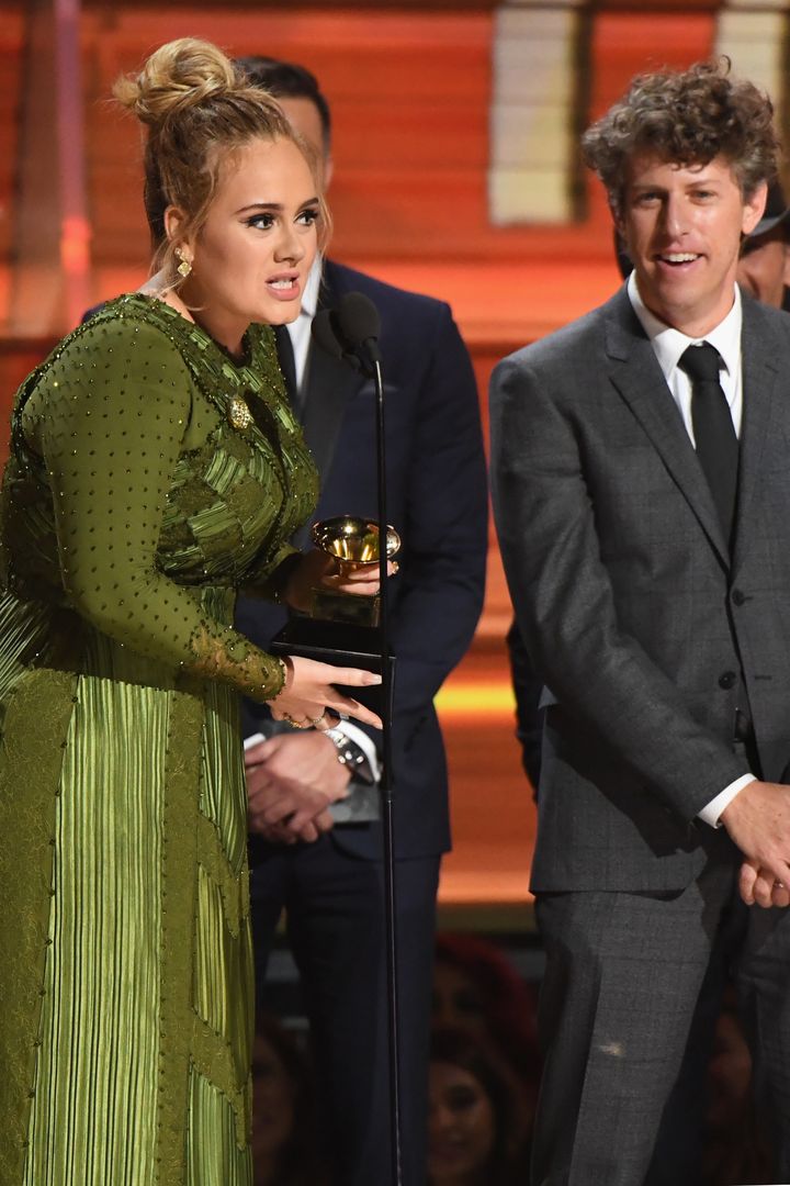Adele gives her speech at the Grammys