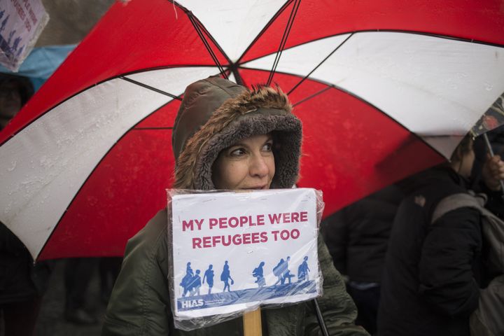 HIAS, Hebrew Immigrant Aid Society, a Jewish refugee group, holds a rally against President Trump's immigration ban at Battery Park on February 12, 2017 in New York City.
