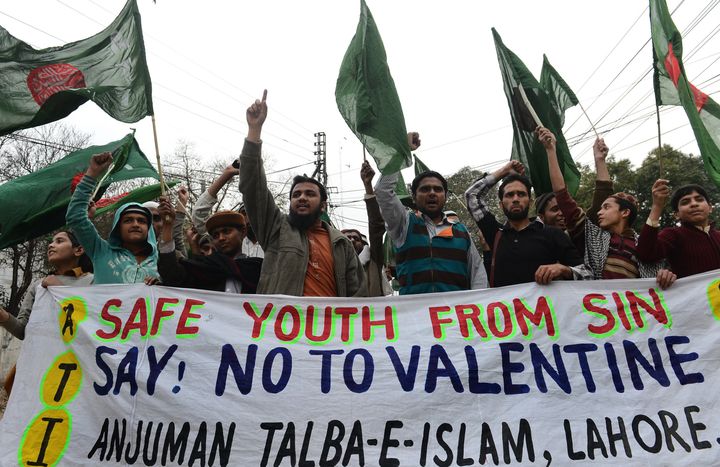 Pakistani youth shout slogans against Valentine's Day in Lahore on Feb. 14, 2013.