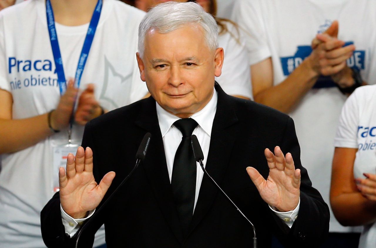 The leader of PiS, then Poland's main opposition party, Jaroslaw Kaczyński after the exit poll results are announced in Warsaw, Poland on Oct. 25, 2015.