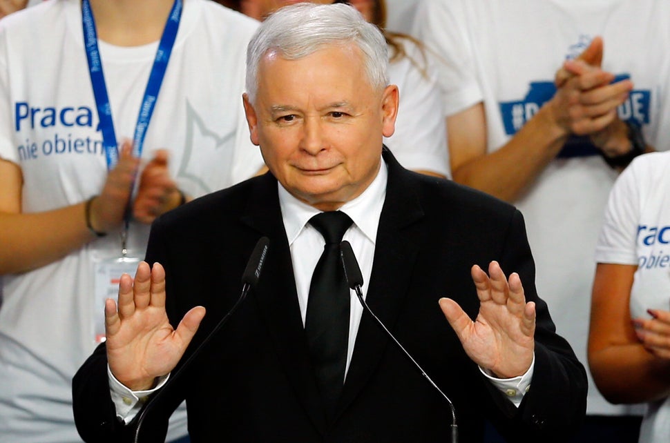 The leader of PiS, then Poland's main opposition party, Jaroslaw Kaczyński after the exit poll results are announced in Warsa