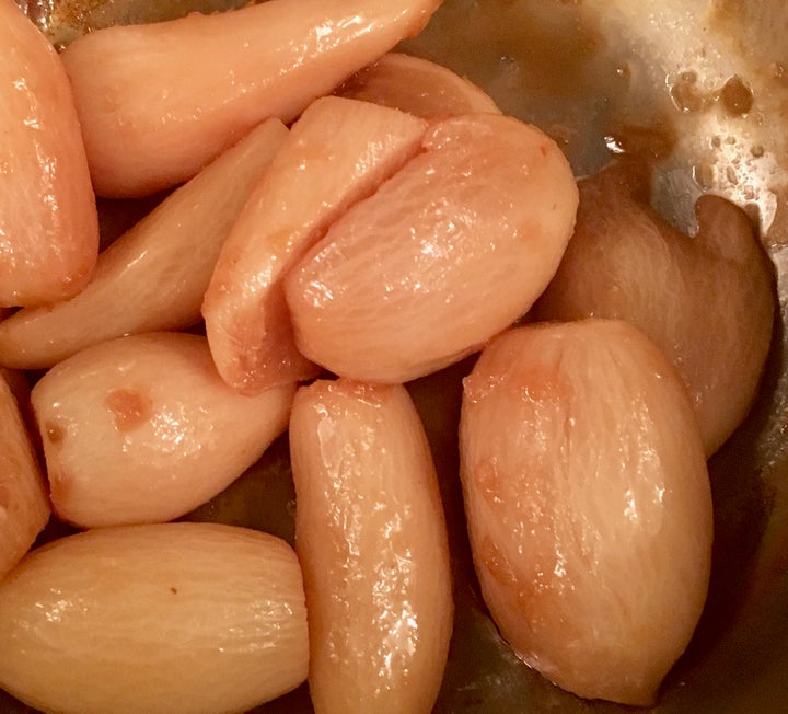 Turnips simmered and glazed in bacon broth