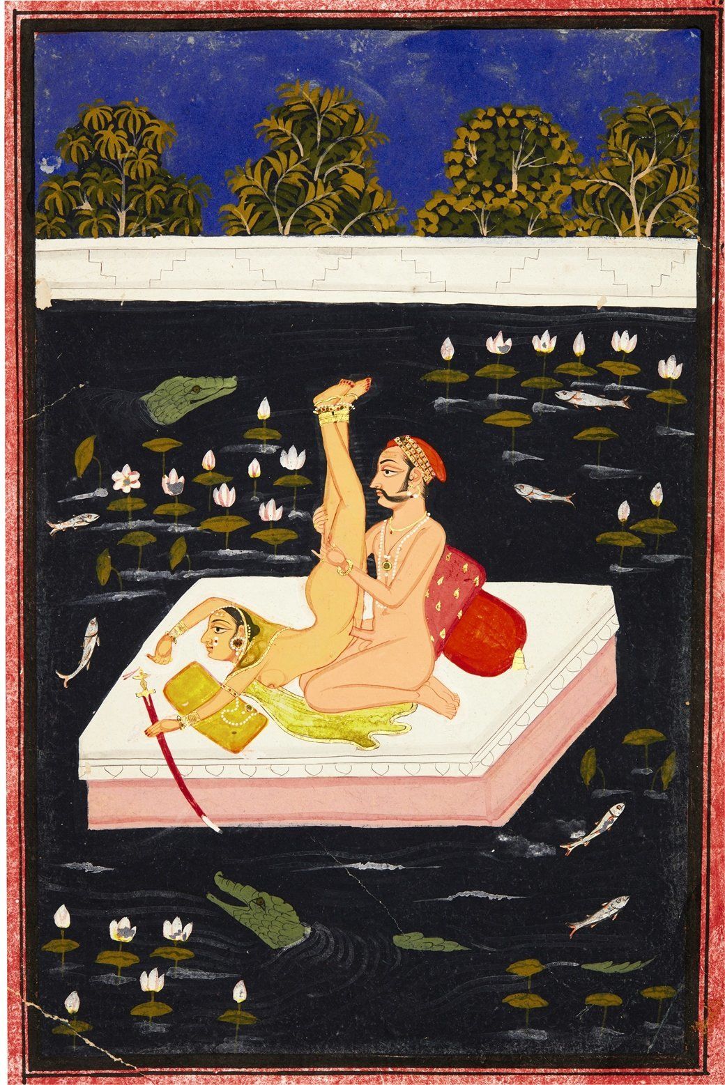 A couple making acrobatic love on a lake, Mewar, North India, 18th century. (Est. £2,000 to £3,000.)