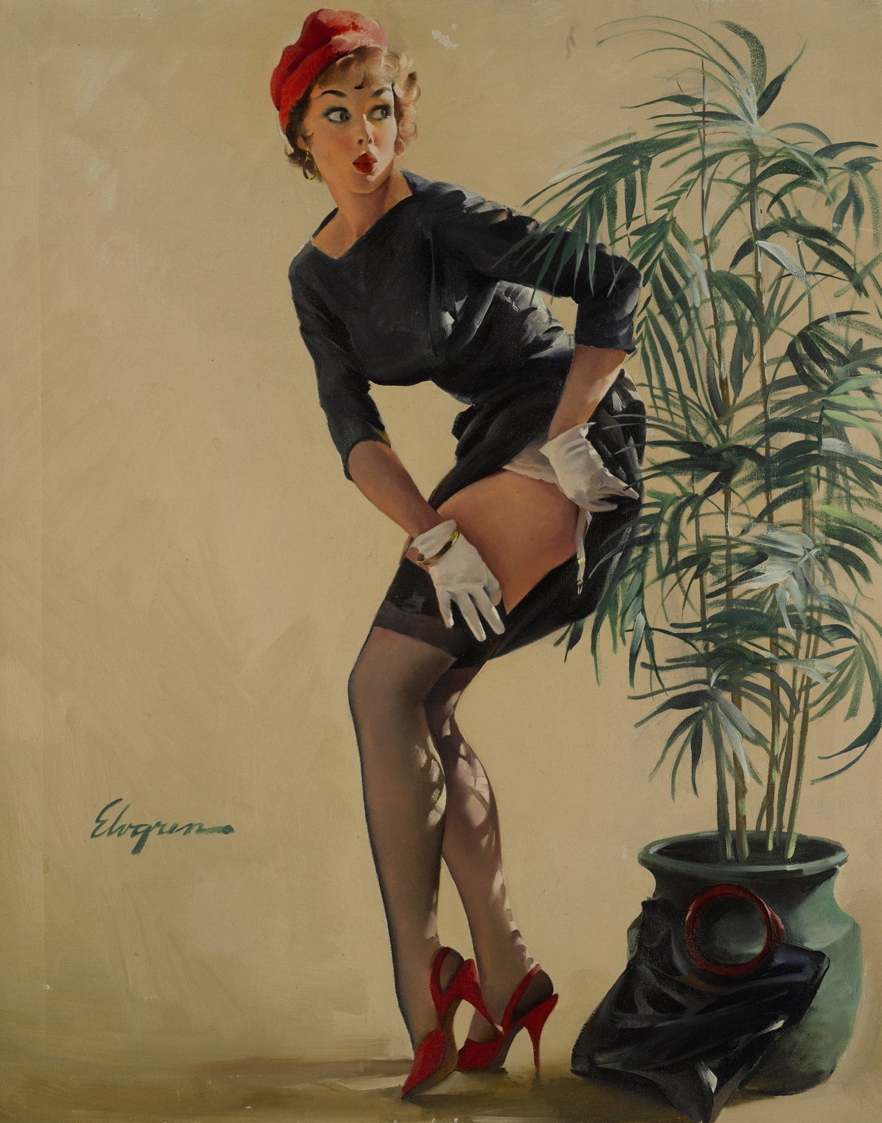 Gil Elvgren, "Modest Maneuver," 1969. (Est. £25,000 to £35,000.)