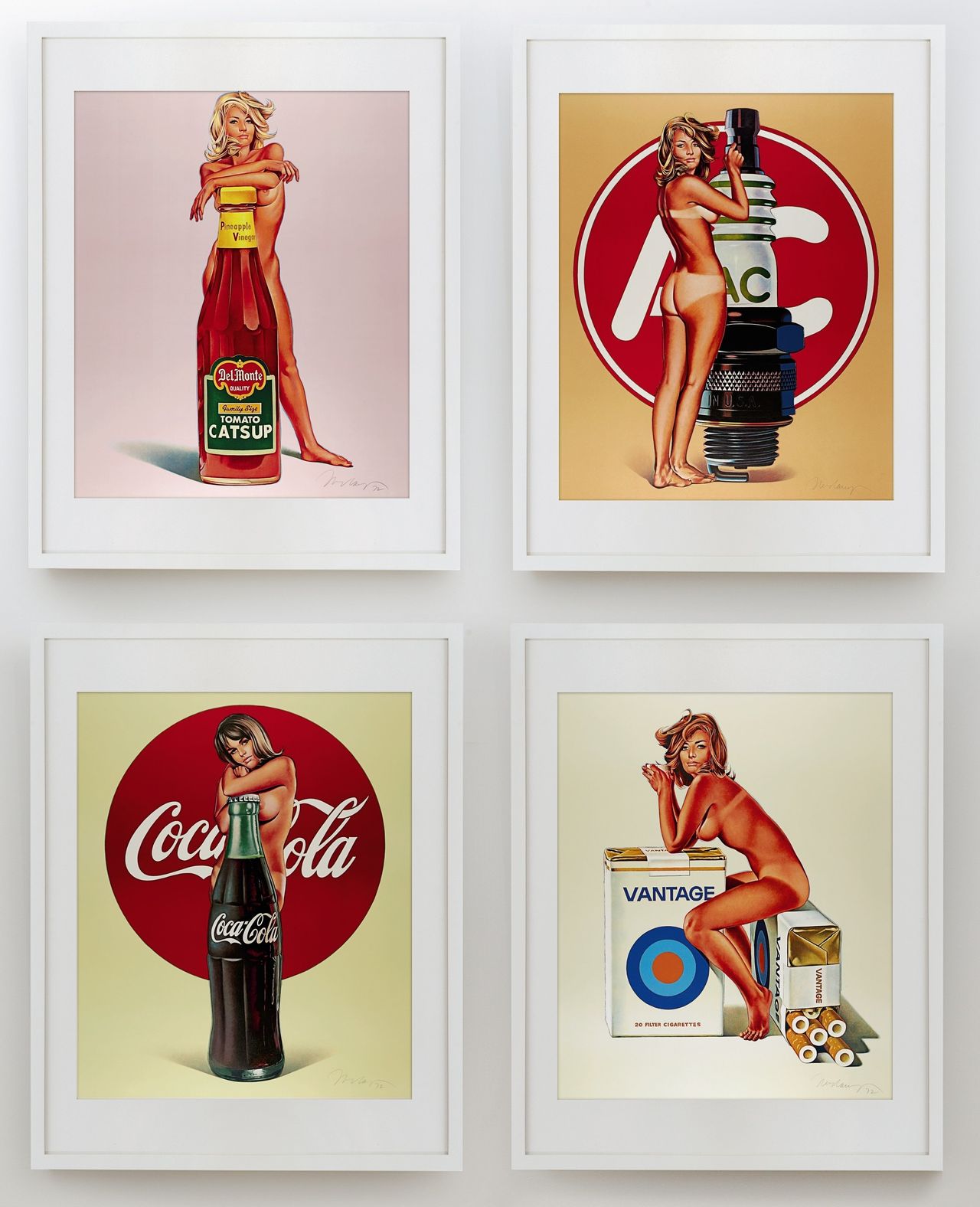 Mel Ramos, "Tomato Catsup; Tobacco Red; Lola Cola; and A.C. Annie," 1971-1972. (Est. £5,000 to £7,000.)