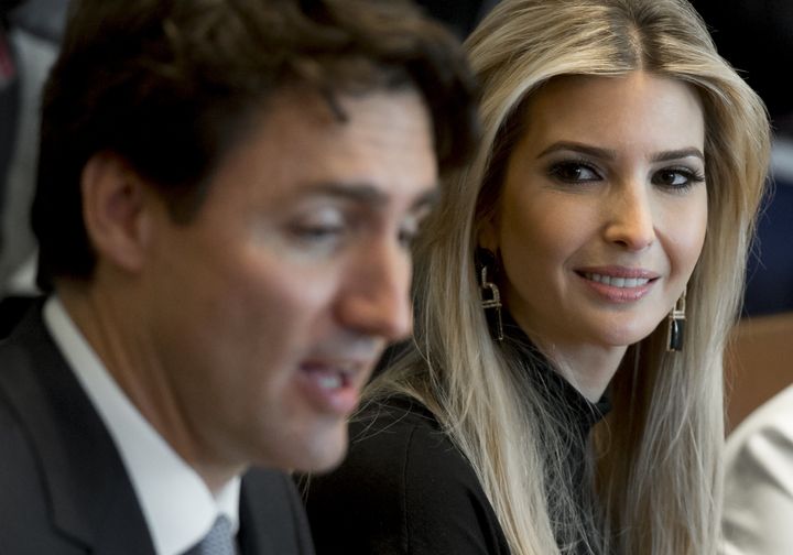 Justin Trudeau speaks during a roundtable discussion on women entrepreneurs and business leaders. Ivanka Trump is all like "Uh-huh."