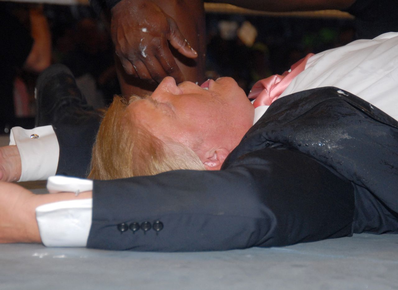 Trump didn't sell the Stone Cold stunner all that well, but at least, commentator Jim Ross said, "he had the balls to do it."
