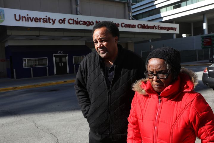 Andrew Holmes, Takiya's cousin, and Patsy Holmes, her grandmother, at University of Chicago Comers Children's Hospital on Feb. 12, 2017 in Chicago