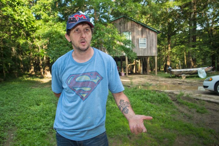 Bram Ates talks outside his Lucedale, Mississippi, home about the shipyard explosion that killed two co-workers and burned half of his body.